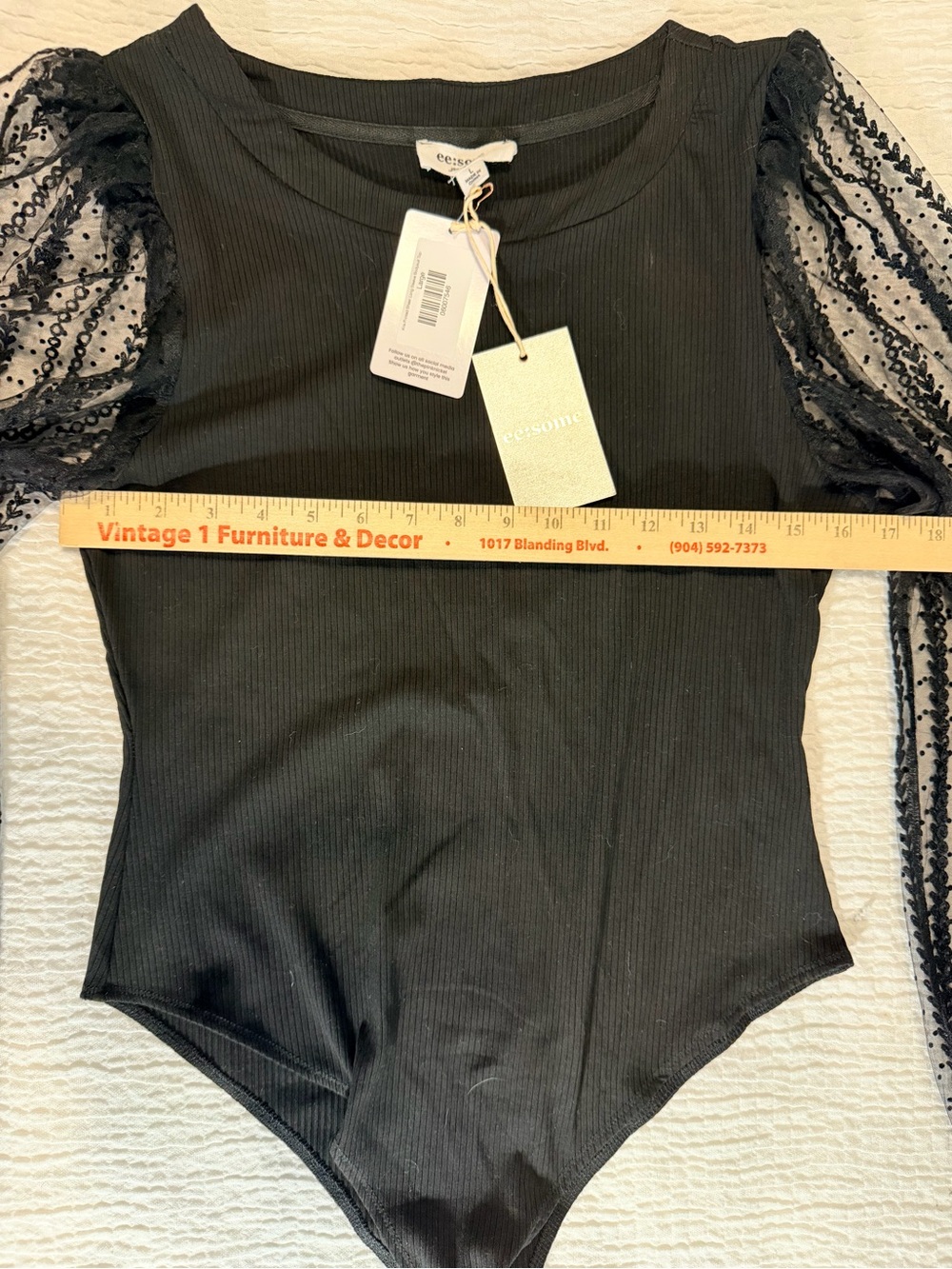 Eesome Boutique Ribbed Bodysuit Sheer Puff Sleeves NWT Chic Fitted Top - Picture 8 of 8
